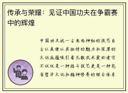 传承与荣耀：见证中国功夫在争霸赛中的辉煌